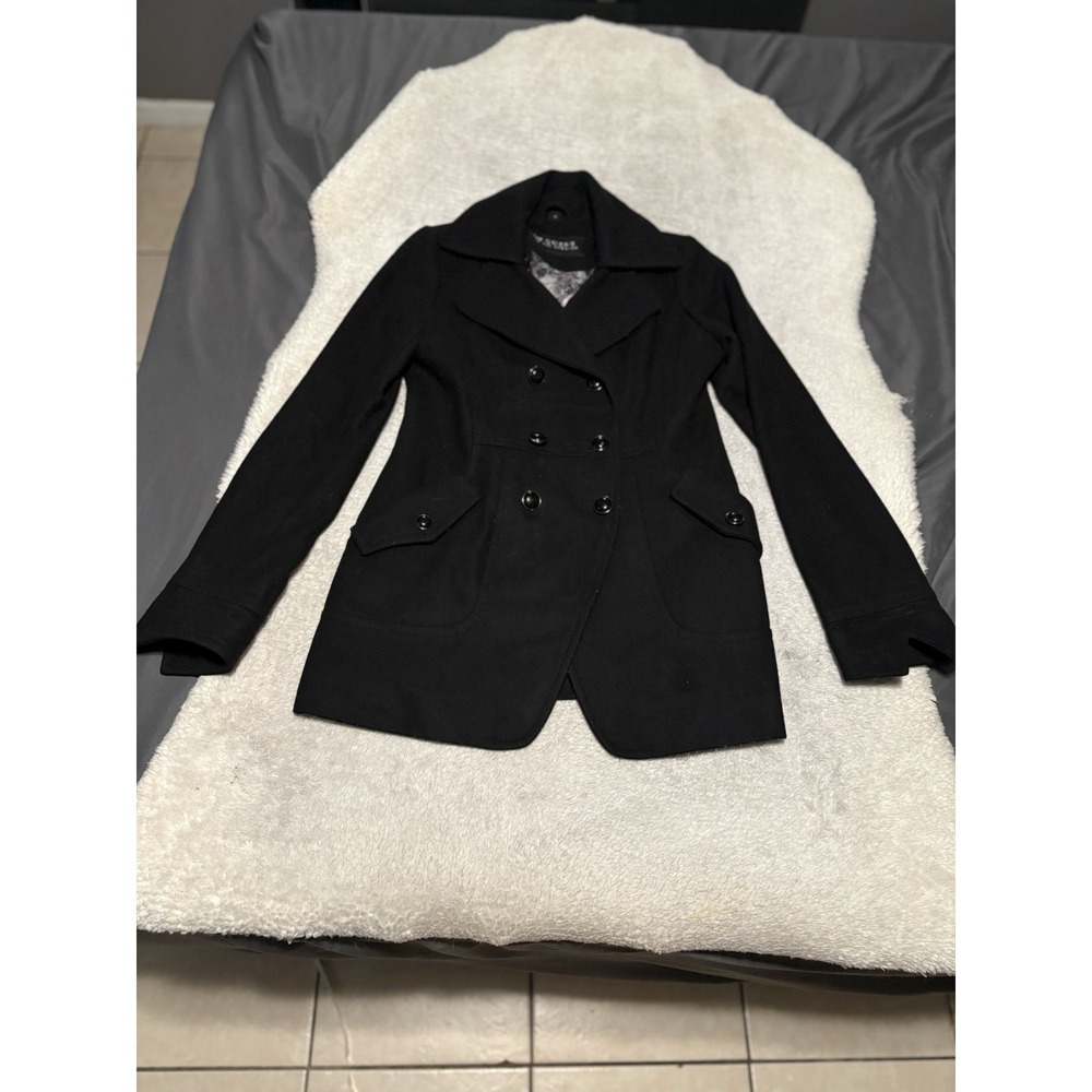 Guess Women's Black Double Breast Peacoat Wool Blend Jacket Size Medium